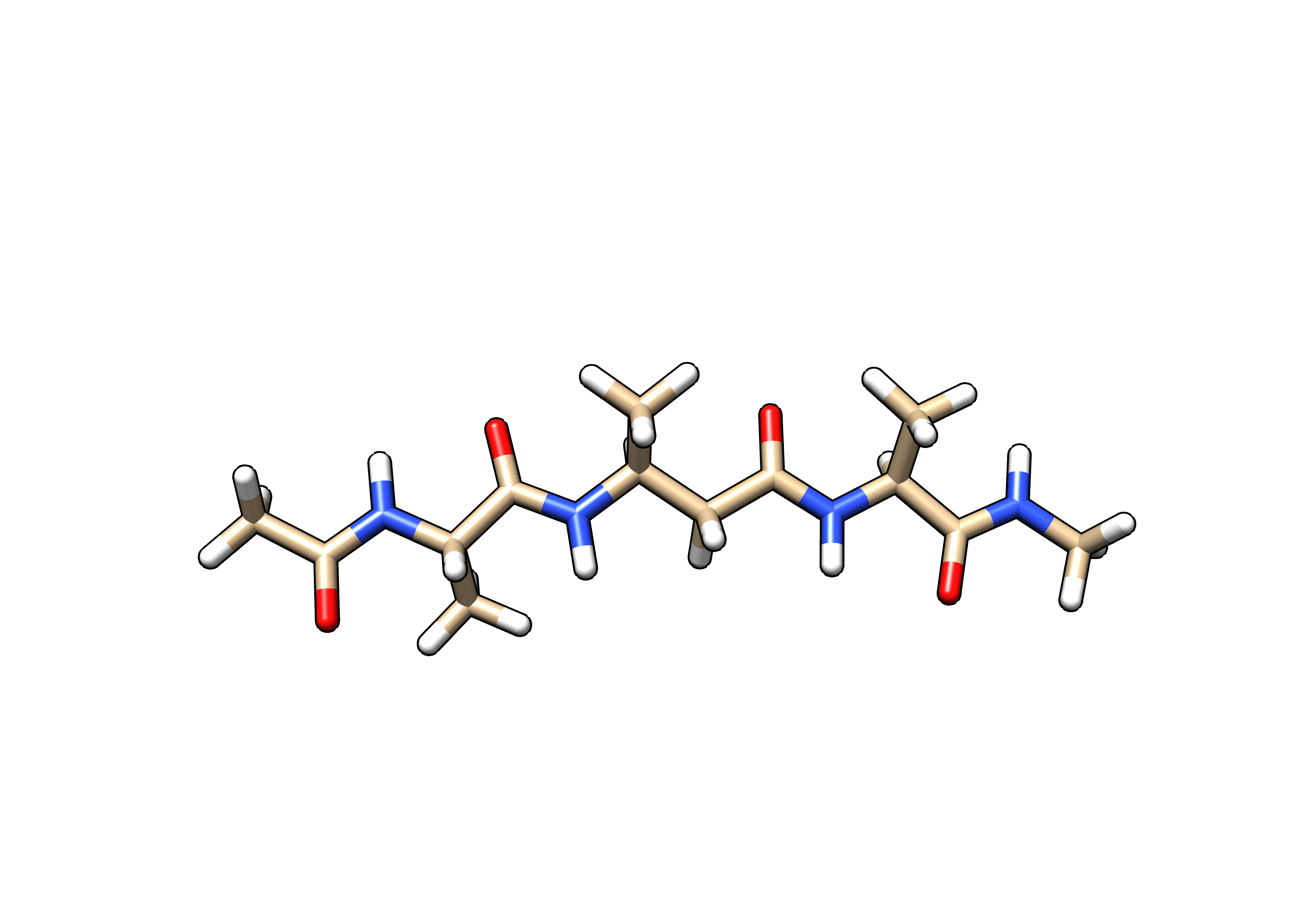β3Alanine (B3A) tetrapeptide mimetic (peptidomimetic) solvated using the water model (SPC/Eb) intended for the ff15ipq-m force field.