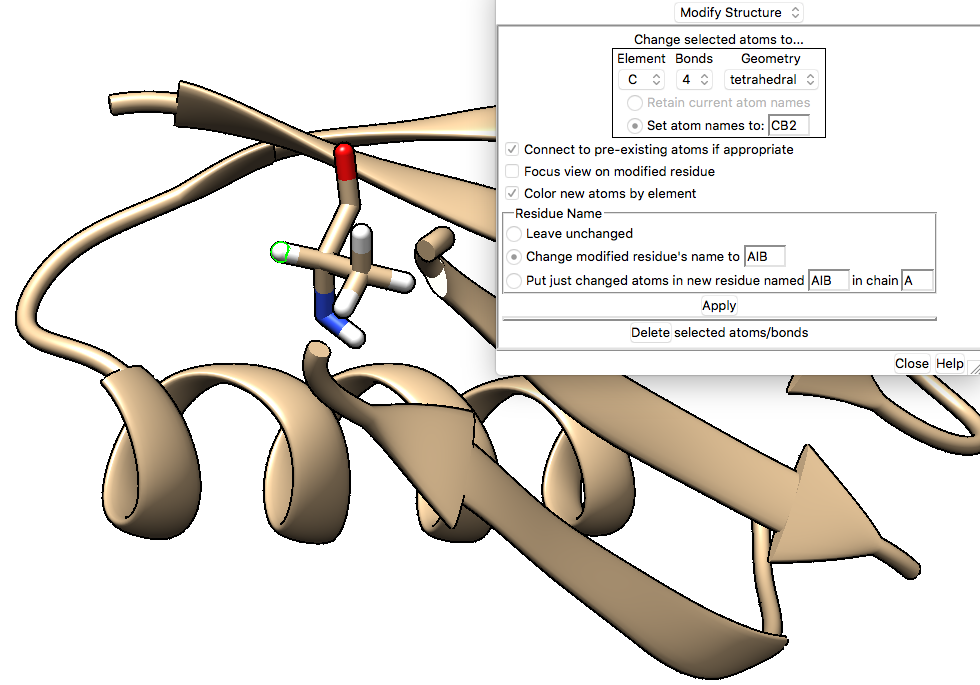 Changing 1PGB ALA 48 to AIB using the build-modify structure tool in Chimera.