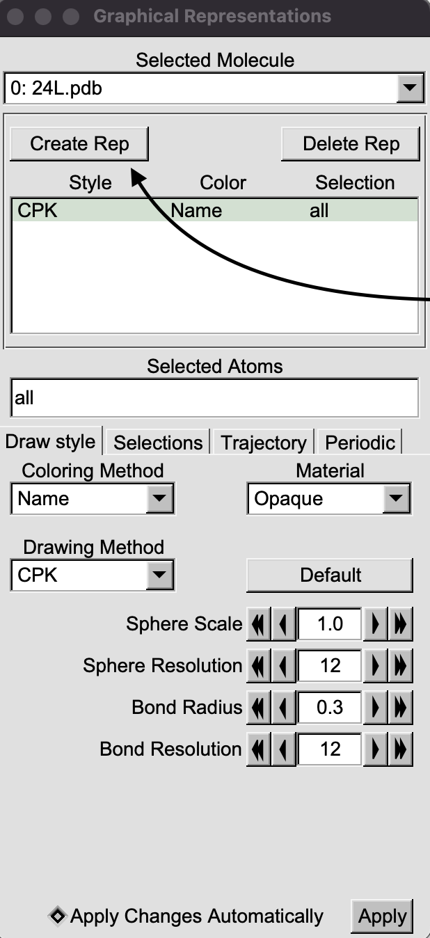 VMD Graphical Representation window. Creating a representation.